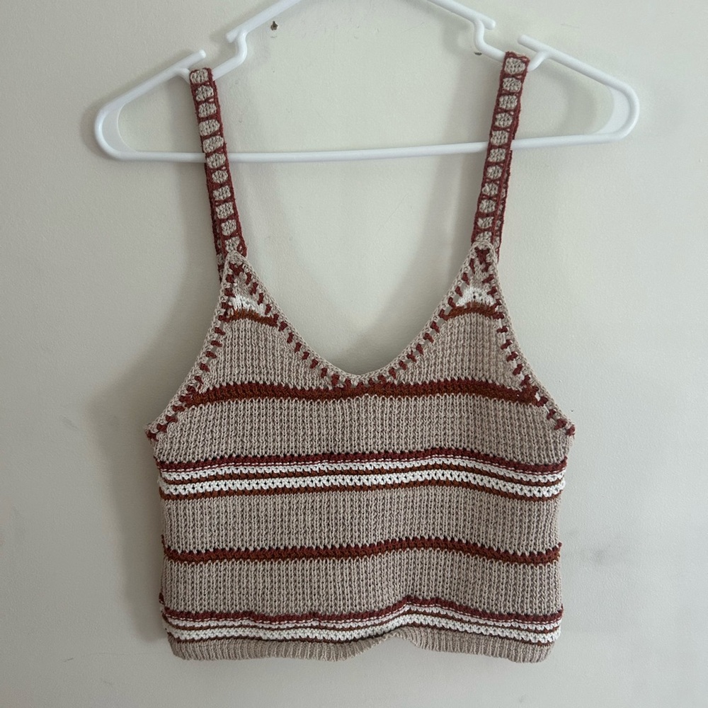 American Eagle Outfitters Brown and White Ribbed Crop Tank Top